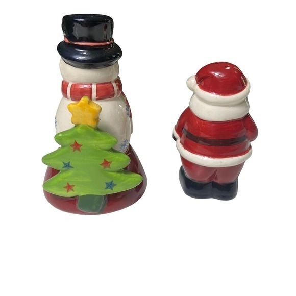 Santa Claus & Snowman Christmas Tree Stand Ceramic Salt & Pepper Shakers - Picture 3 of 6